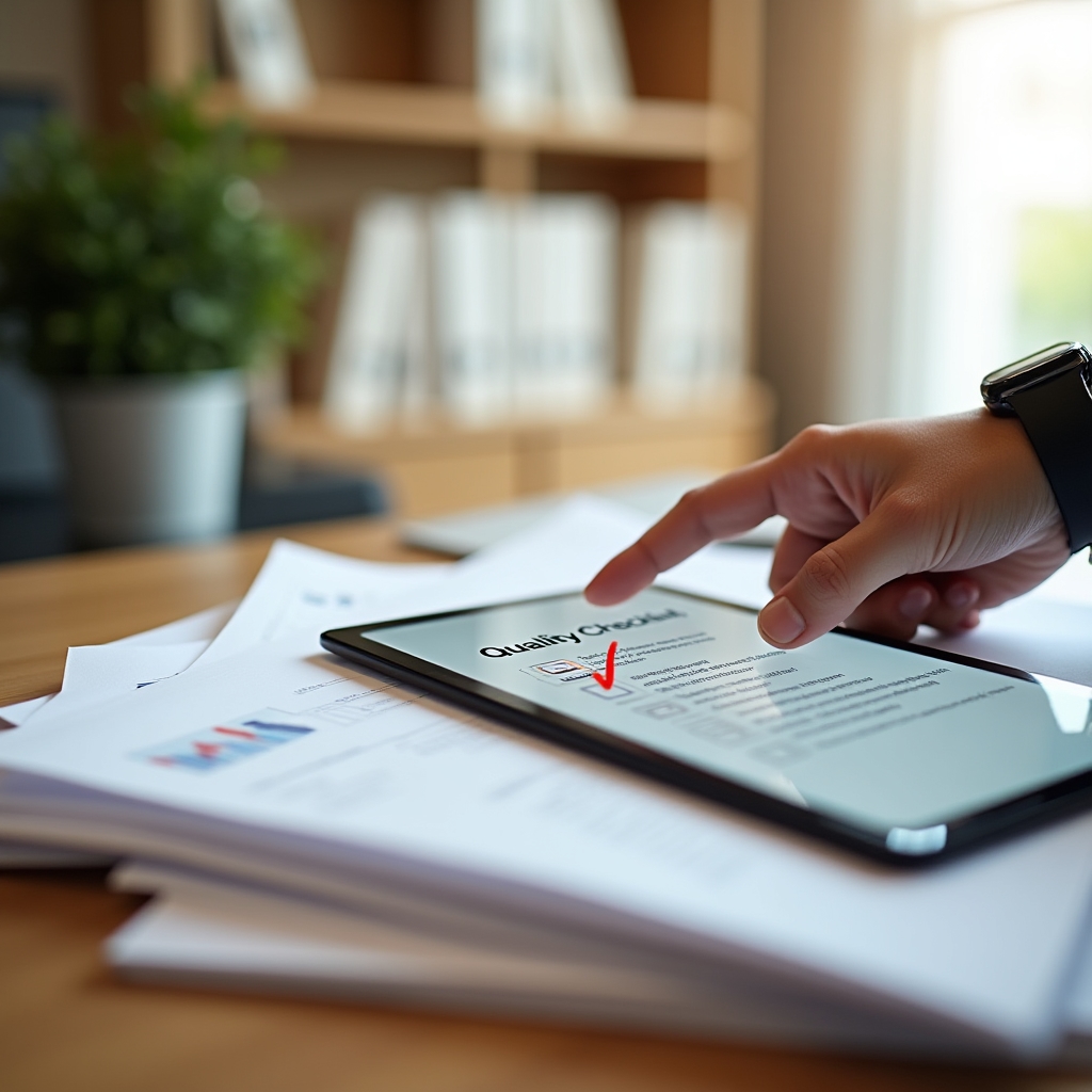 A commercial cleaning quality checklist open on a tablet resting on a stack of documents during a site review