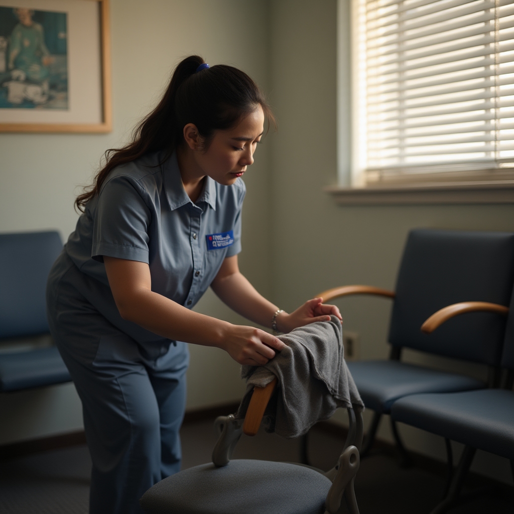 A cleaning crew member wiping down a waiting room chair in a medical office hallway during off-hours