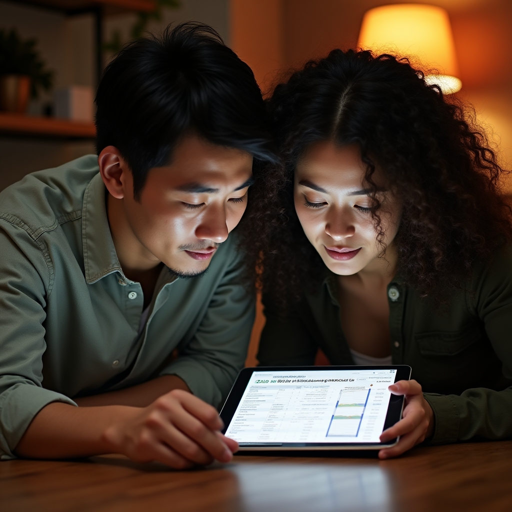 Two colleagues reviewing a square footage pricing worksheet on a tablet during an evening workshop session