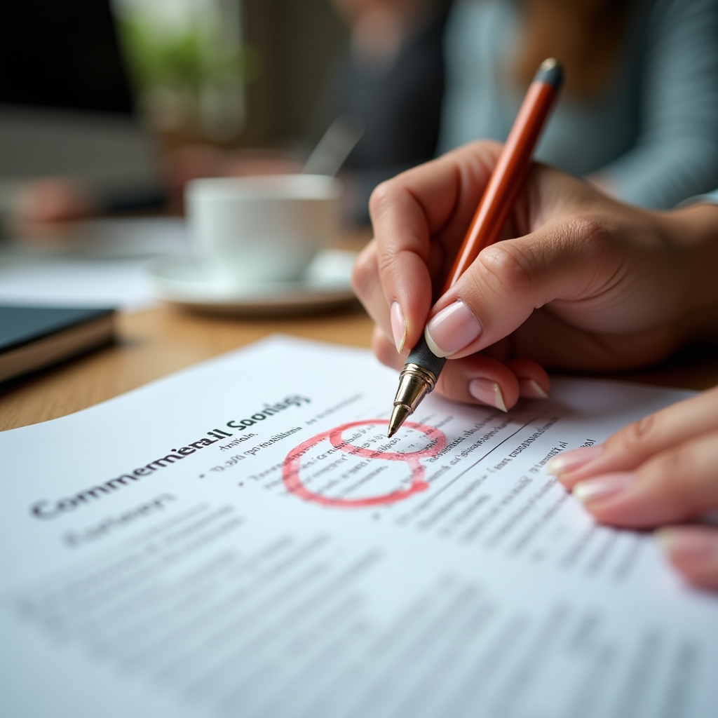 Close-up of hands marking up a printed commercial cleaning proposal with a pen at a workshop table