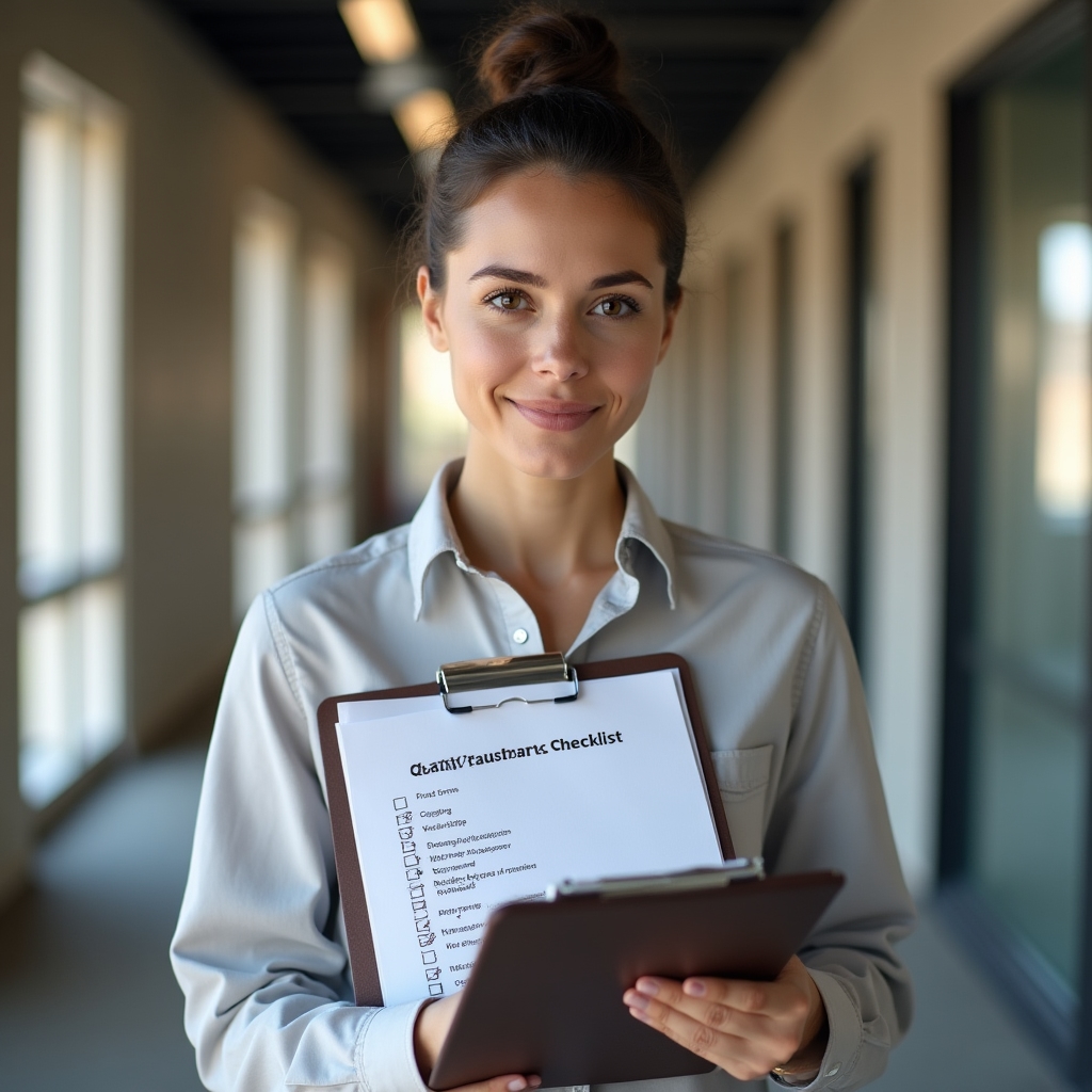 A quality assurance checklist on a clipboard being reviewed inside a commercial office hallway