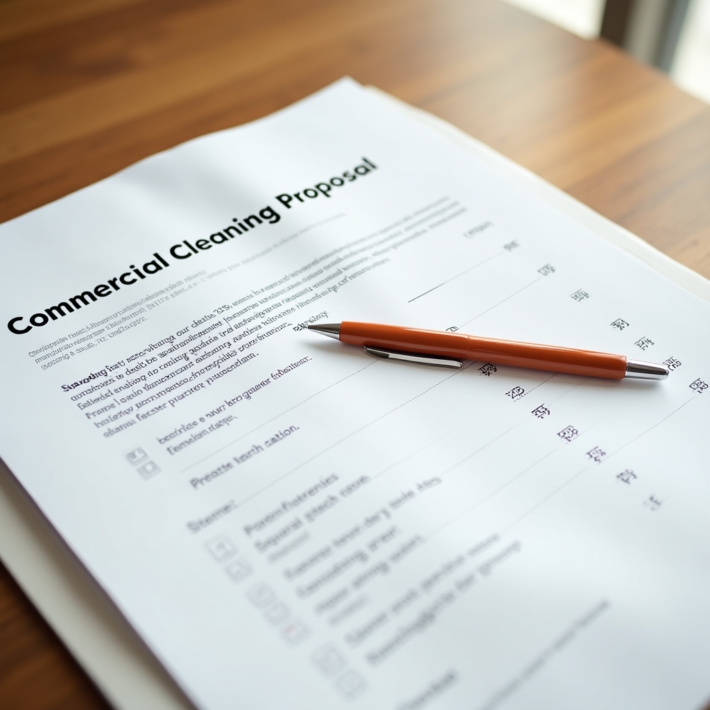 Close-up view of a printed commercial cleaning proposal document with an opening paragraph and pricing table