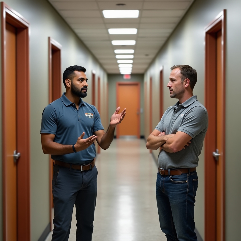 A cleaning company owner pointing out details on a floor plan to a facilities manager during a commercial site walkthrough