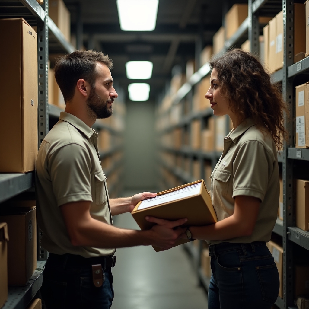 An outgoing cleaning vendor handing over a supply closet inventory sheet to an incoming vendor in a commercial building
