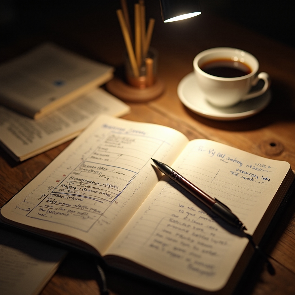 An open notebook with handwritten walkthrough planning notes and a pen resting on a workshop table